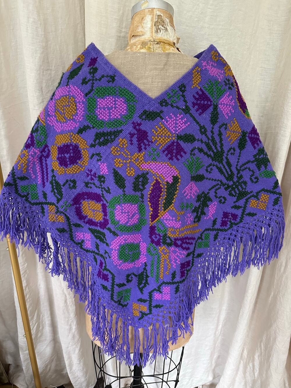 Mexican Mañanita embroidered poncho purple bird floral primitive folk fringed